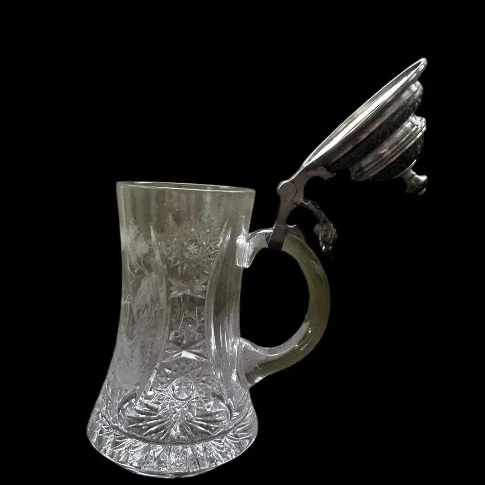 Vintage‎ Crystal Beer Stein Etched Deer Scene w/ Ornate Pewter Lid Barware